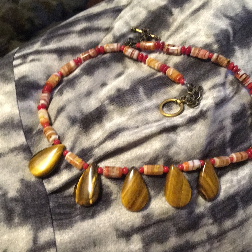 Handmade boutique necklace with the genuine tiger’s eye drops - unique piece